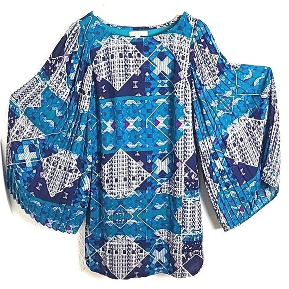 love FIRE Teal, Navy Blue & White Boho Dress, Wide Pleated Longsleeves, Sz Small - Picture 2 of 11